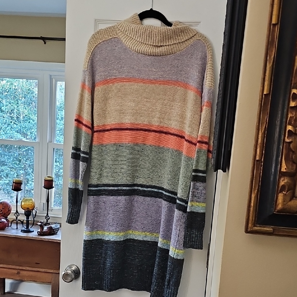Green and Tan Cowl Neck Sweater with Cozy Knit